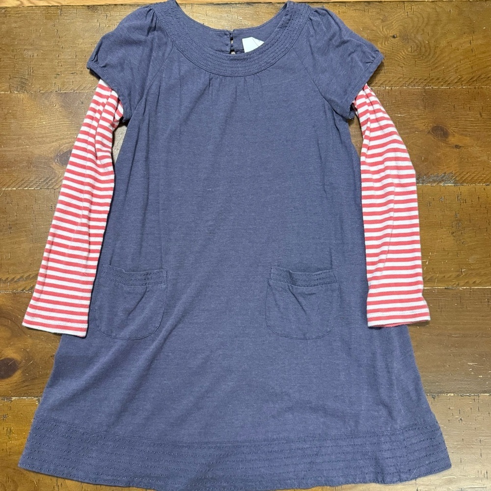 Mini Boden Blue Dress with Red Striped Sleeves